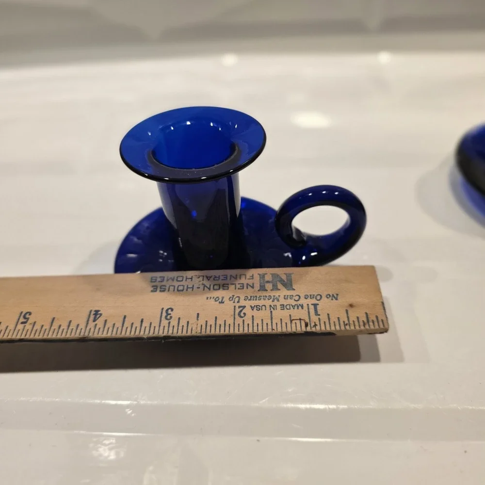 Vintage Hand Blown Cobalt Blue Art‎ Glass Finger Loop Handle Candlestick Holder